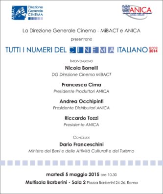 Tutti i numeri del cinema italiano, presentazione dati 2014 a Roma, martedì 5 maggio